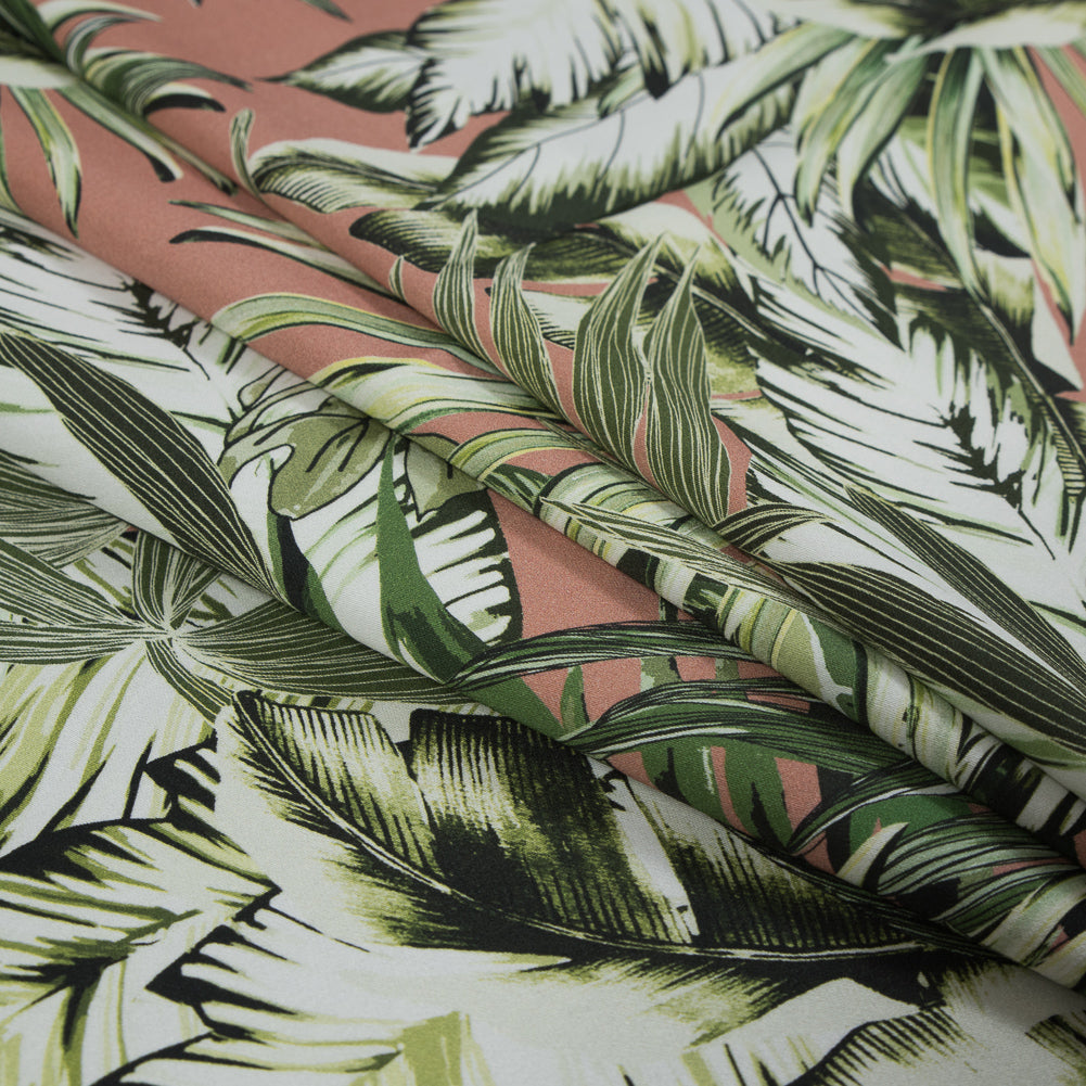 Stretch Cotton Sateen - Pink and Green Palm Leaves - Triumph of Clarity Print - Mood Exclusive Key Largo Collection - Folded