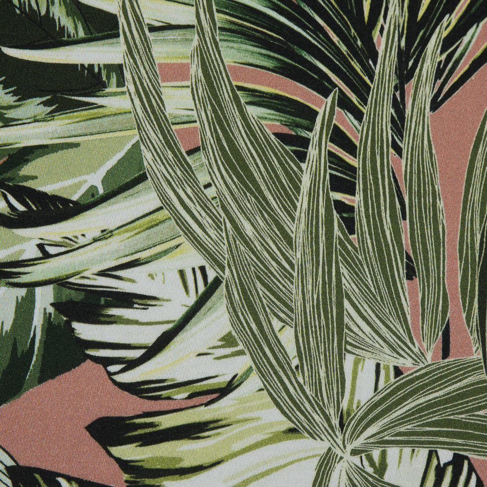 Stretch Cotton Sateen - Pink and Green Palm Leaves - Triumph of Clarity Print - Mood Exclusive Key Largo Collection - Detail