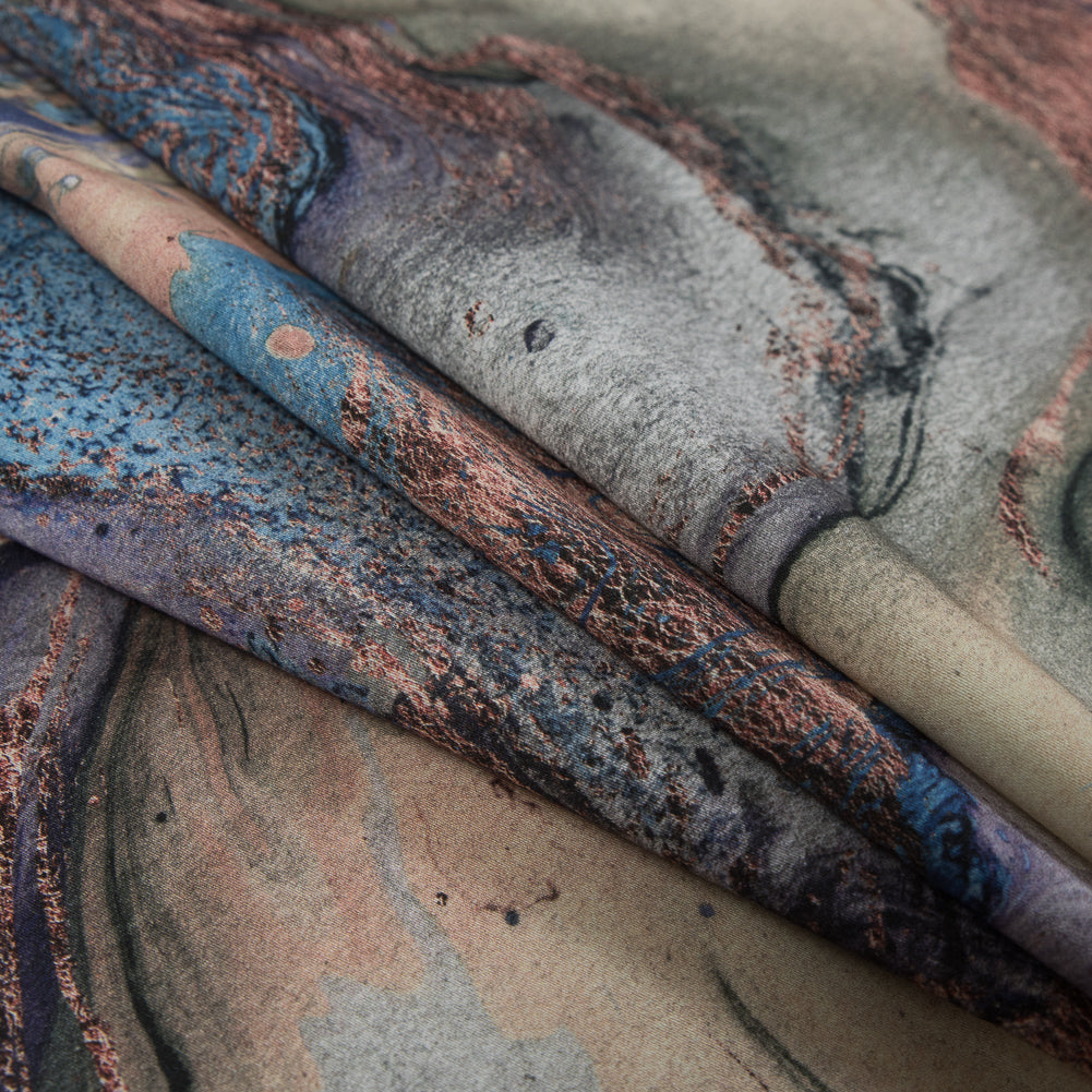 Stretch Cotton Sateen - Blue Abstract - Balance of Peace Print - Mood Exclusive Key Largo Collection - Folded