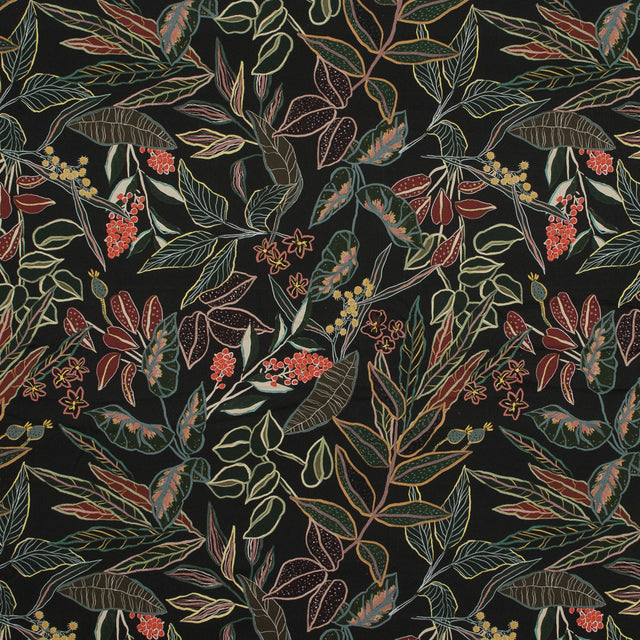 Stretch Cotton Sateen - Black and Green Foliage - Mystery of Renewal Print - Mood Exclusive Key Largo Collection