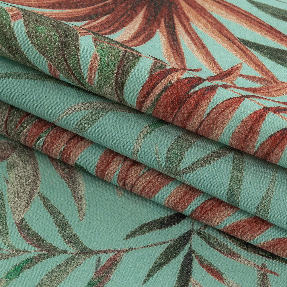 Stretch Cotton Sateen - Aqua Tropical Leaves - Efficacy of Contentment Print - Mood Exclusive Key Largo Collection - Folded
