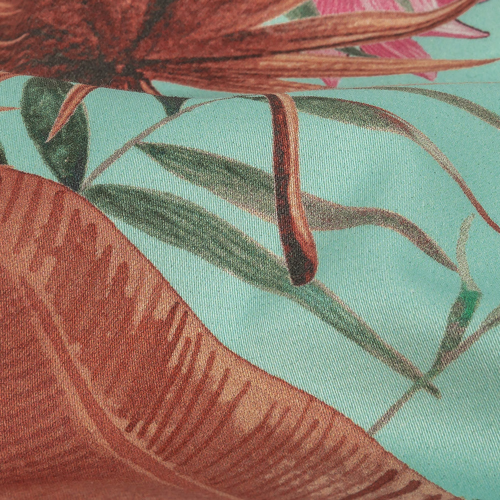 Stretch Cotton Sateen - Aqua Tropical Leaves - Efficacy of Contentment Print - Mood Exclusive Key Largo Collection - Detail