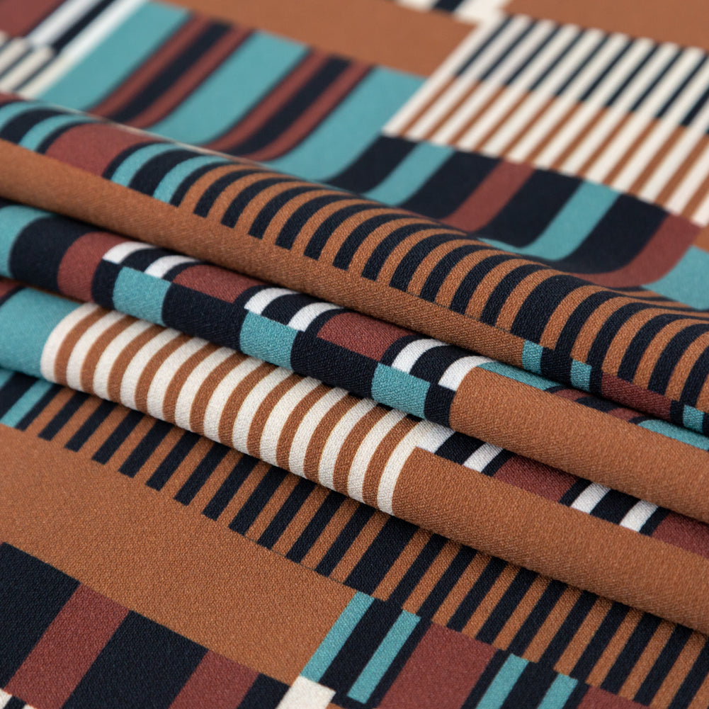 Stretch Polyester Crepe - Blue and Brown Geometric - Kernel of Truth Print - Mood Exclusive Harvest Collection - Folded