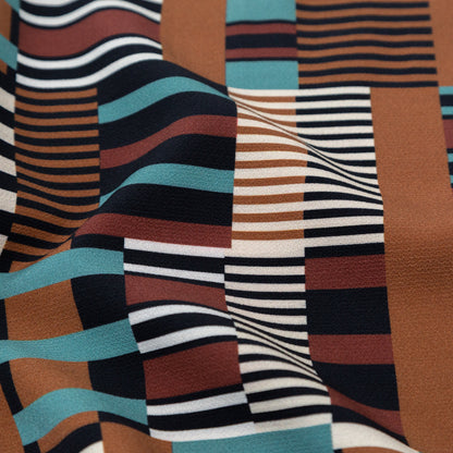 Stretch Polyester Crepe - Blue and Brown Geometric - Kernel of Truth Print - Mood Exclusive Harvest Collection