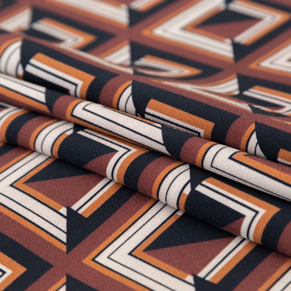 Stretch Polyester Crepe - Brown Geometric Squares - Corn Maze Print - Mood Exclusive Harvest Collection - Folded