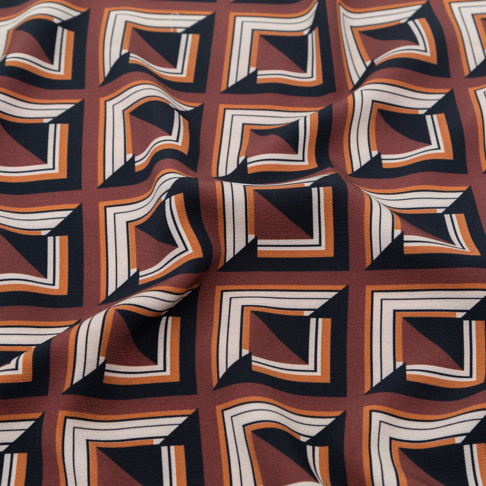 Stretch Polyester Crepe - Brown Geometric Squares - Corn Maze Print - Mood Exclusive Harvest Collection - Detail