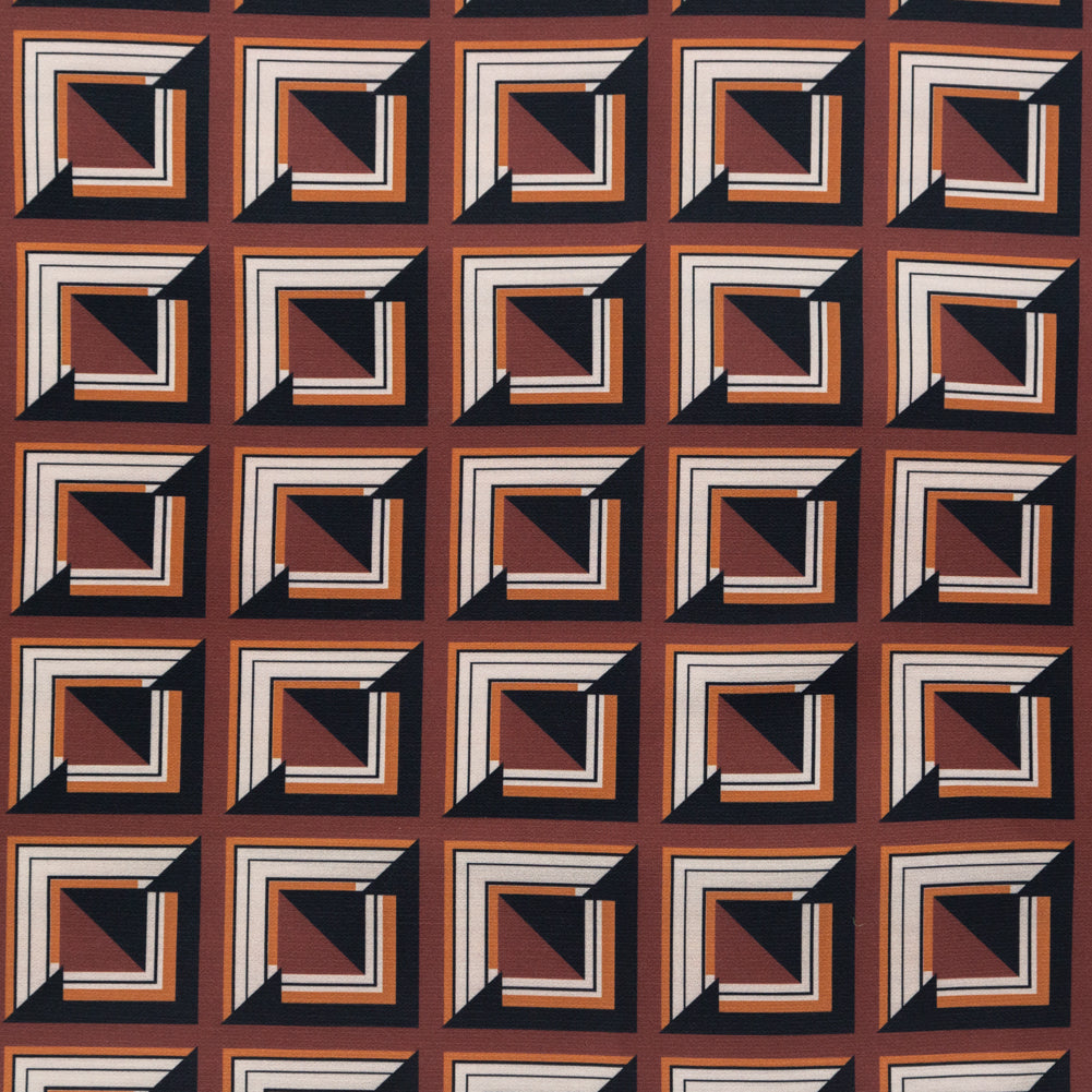 Stretch Polyester Crepe - Brown Geometric Squares - Corn Maze Print - Mood Exclusive Harvest Collection