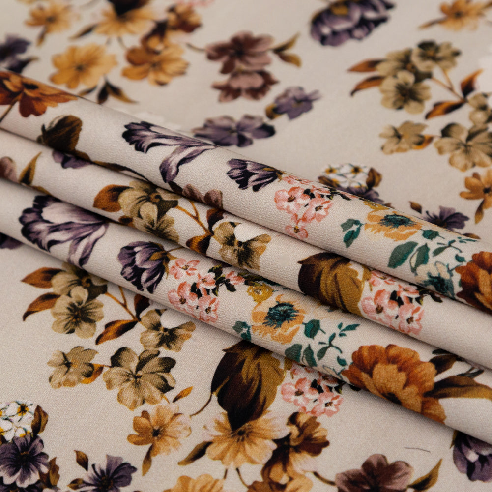 Stretch Polyester Crepe - Cream and Rust Floral - August Rush Print - Mood Exclusive Harvest Collection - Folded