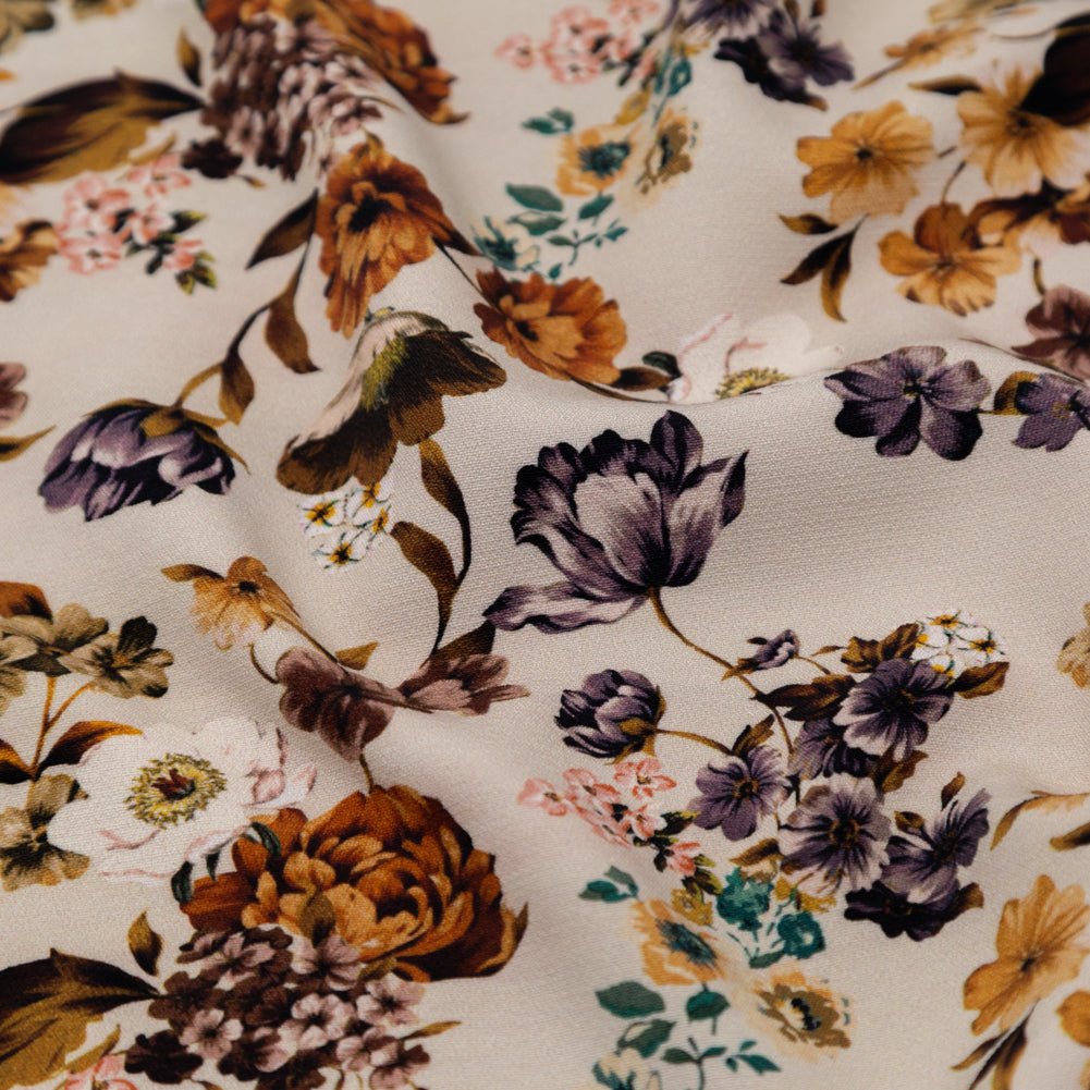 Stretch Polyester Crepe - Cream and Rust Floral - August Rush Print - Mood Exclusive Harvest Collection - Detail