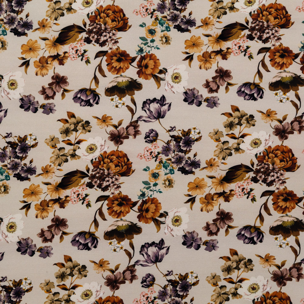 Stretch Polyester Crepe - Cream and Rust Floral - August Rush Print - Mood Exclusive Harvest Collection