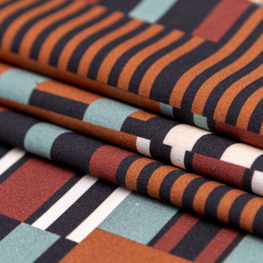 Stretch Cotton Sateen - Blue and Brown Geometric - Kernel of Truth Print - Mood Exclusive Harvest Collection - Folded