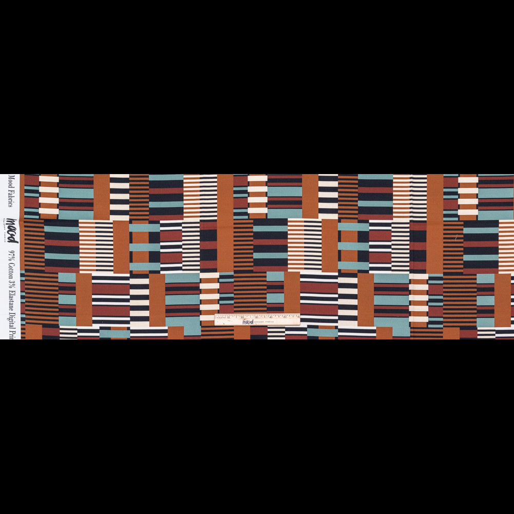 Stretch Cotton Sateen - Blue and Brown Geometric - Kernel of Truth Print - Mood Exclusive Harvest Collection - Full