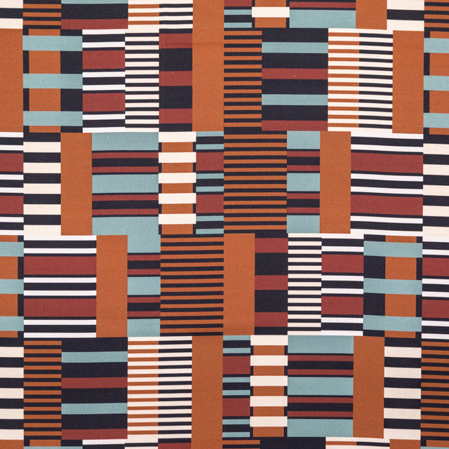 Stretch Cotton Sateen - Blue and Brown Geometric - Kernel of Truth Print - Mood Exclusive Harvest Collection