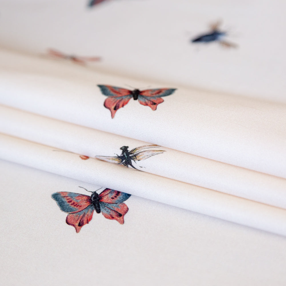 Stretch Cotton Sateen - Cream Insects - Butterfly Effect Print - Mood Exclusive Harvest Collection - Folded