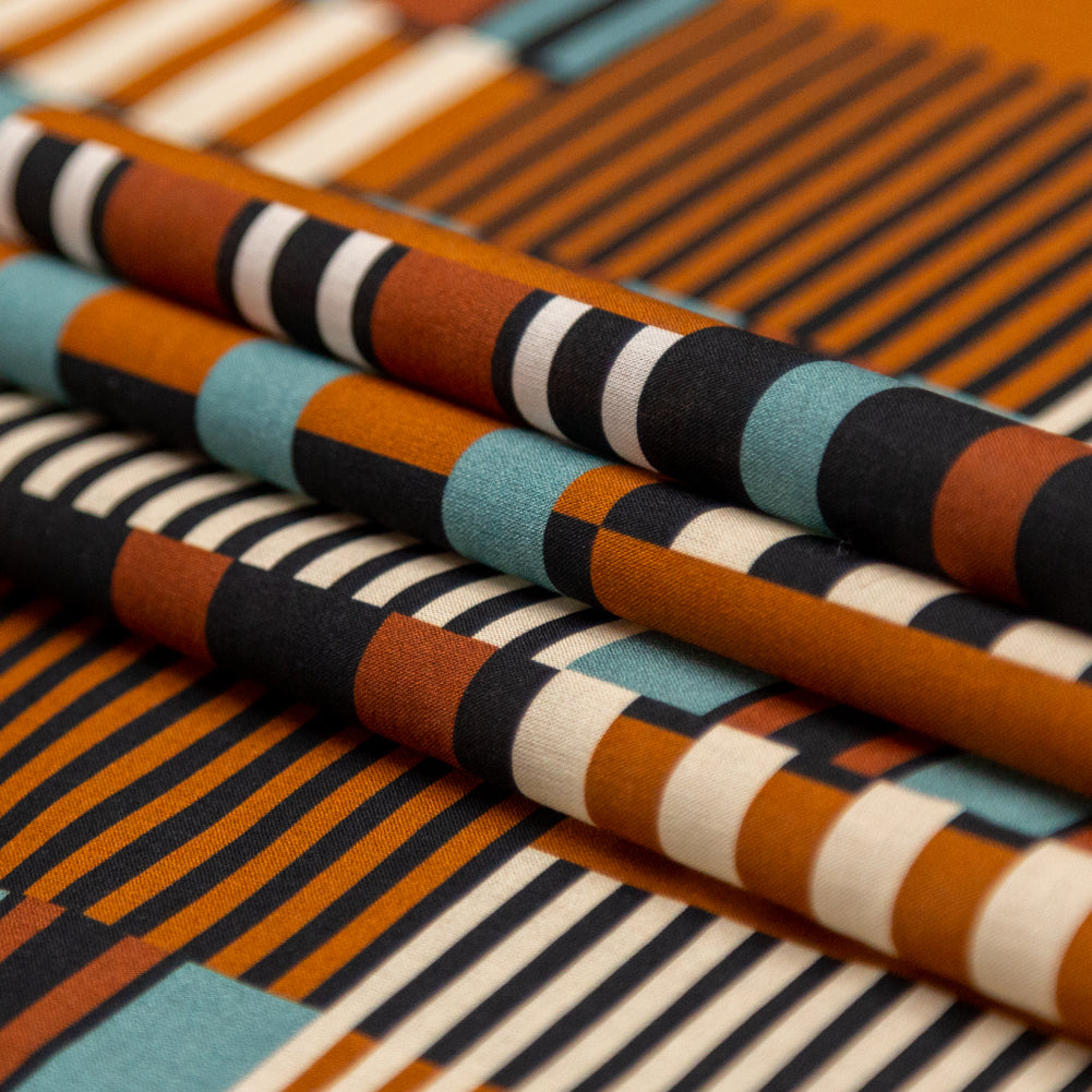 Cotton Voile - Blue and Brown Geometric - Kernel of Truth Print - Mood Exclusive Harvest Collection - Folded