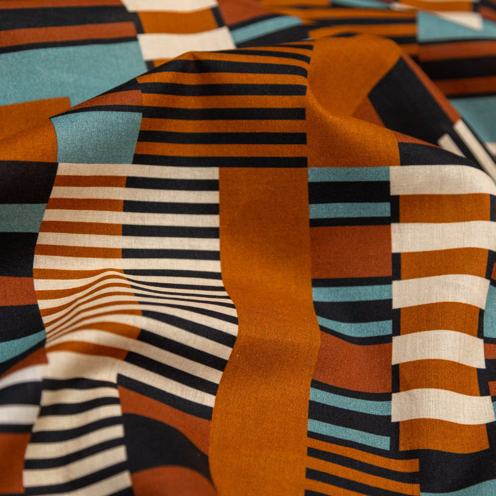 Cotton Voile - Blue and Brown Geometric - Kernel of Truth Print - Mood Exclusive Harvest Collection - Detail
