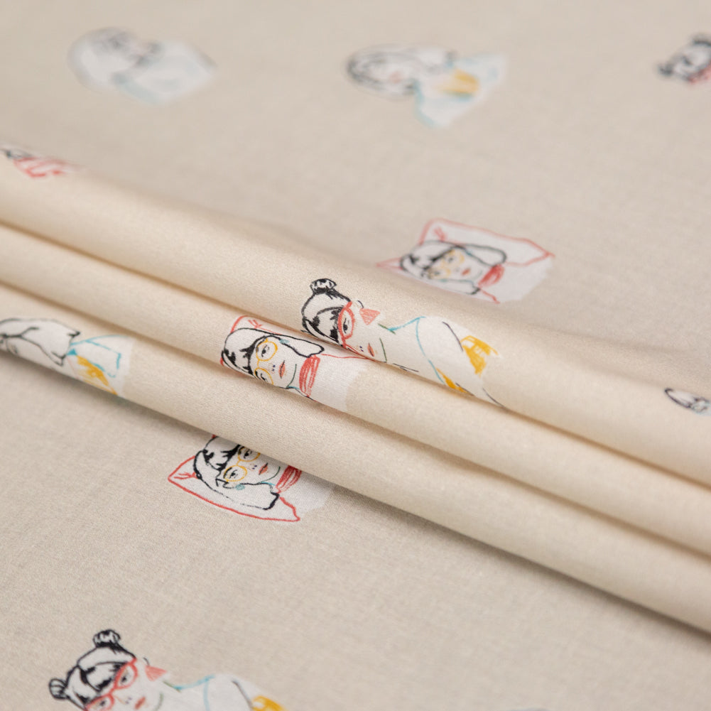 Cotton Voile - Beige Faces - Run the World Print - Mood Exclusive Harvest Collection - Folded