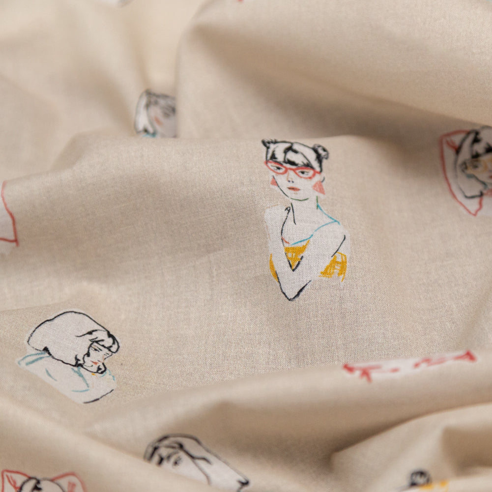 Cotton Voile - Beige Faces - Run the World Print - Mood Exclusive Harvest Collection - Detail