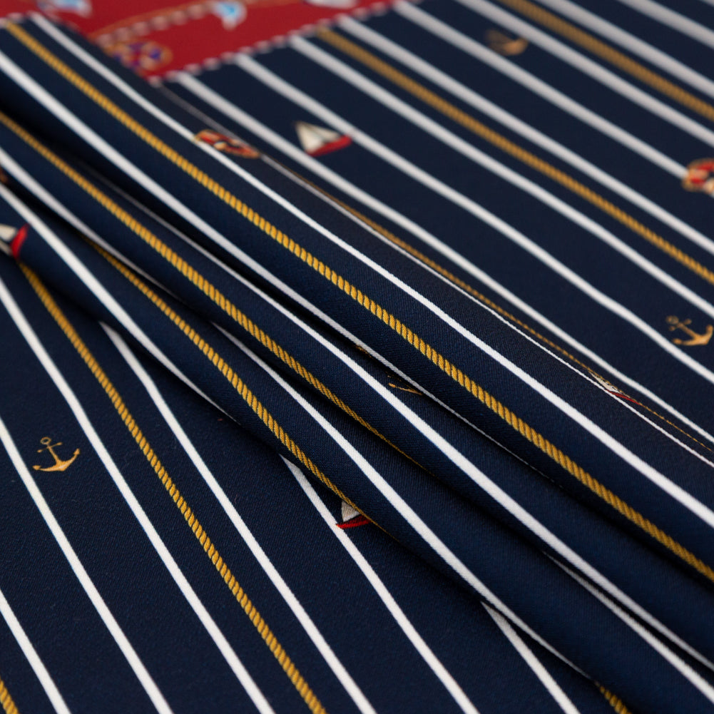 Stretch Polyester Crepe Panel - Nautical Treasures and Stripes - Sailboat Treasures Print - Mood Exclusive St. Tropez Collection - Folded