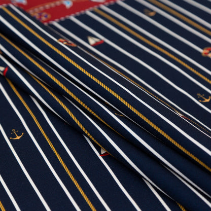Stretch Polyester Crepe Panel - Nautical Treasures and Stripes - Sailboat Treasures Print - Mood Exclusive St. Tropez Collection