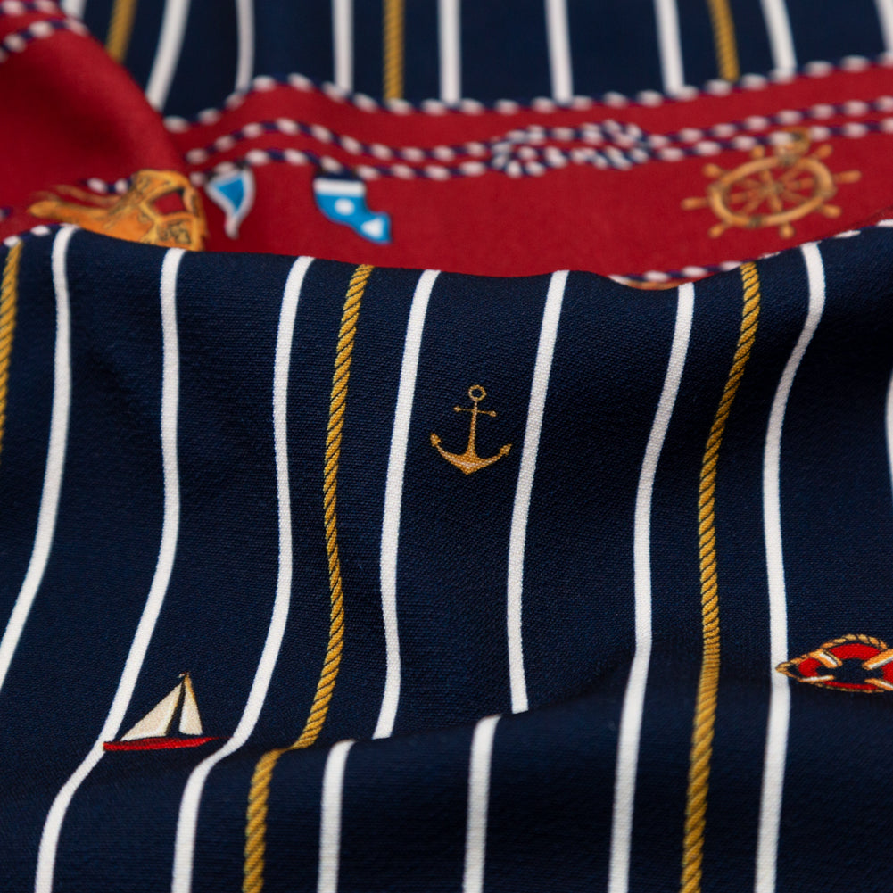 Stretch Polyester Crepe Panel - Nautical Treasures and Stripes - Sailboat Treasures Print - Mood Exclusive St. Tropez Collection - Detail