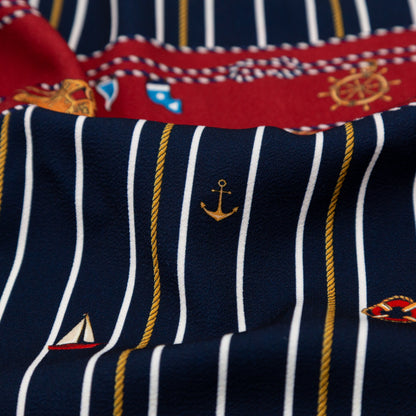 Stretch Polyester Crepe Panel - Nautical Treasures and Stripes - Sailboat Treasures Print - Mood Exclusive St. Tropez Collection