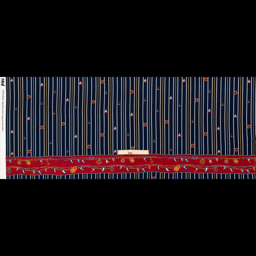Stretch Polyester Crepe Panel - Nautical Treasures and Stripes - Sailboat Treasures Print - Mood Exclusive St. Tropez Collection - Full