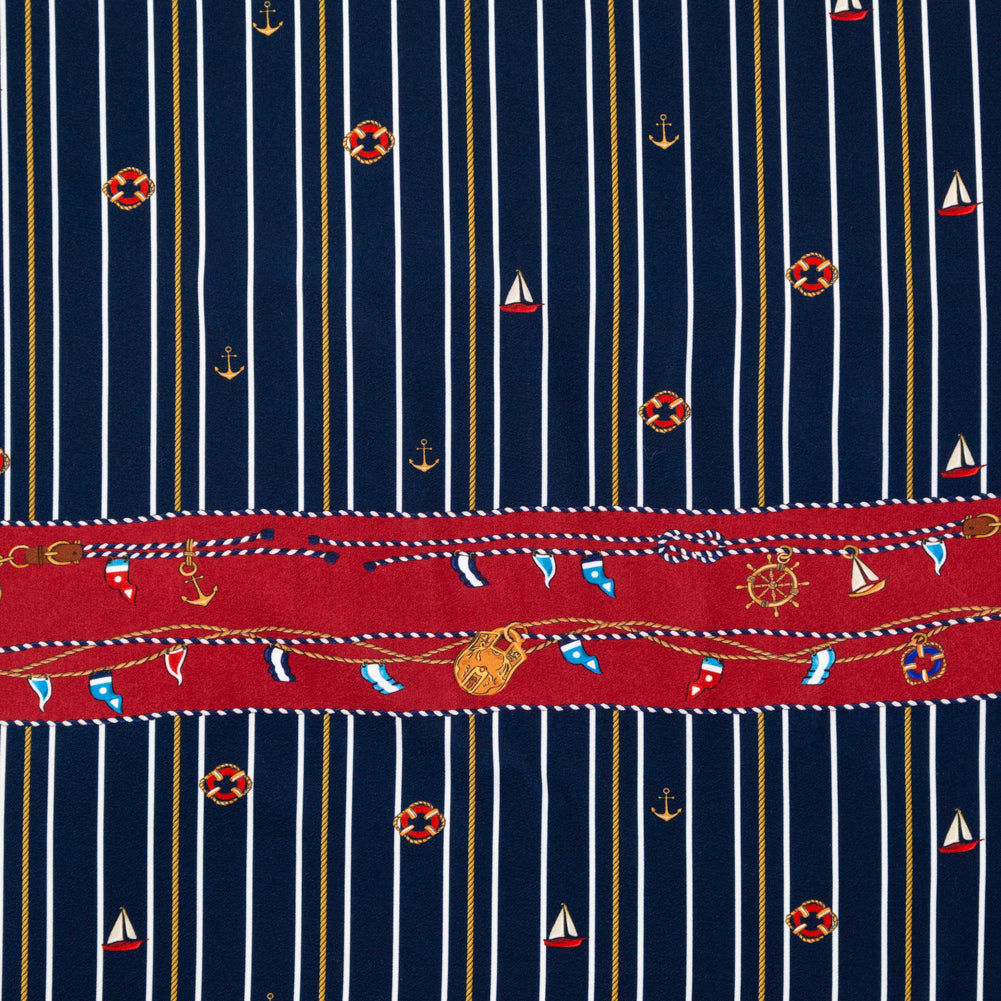 Stretch Polyester Crepe Panel - Nautical Treasures and Stripes - Sailboat Treasures Print - Mood Exclusive St. Tropez Collection
