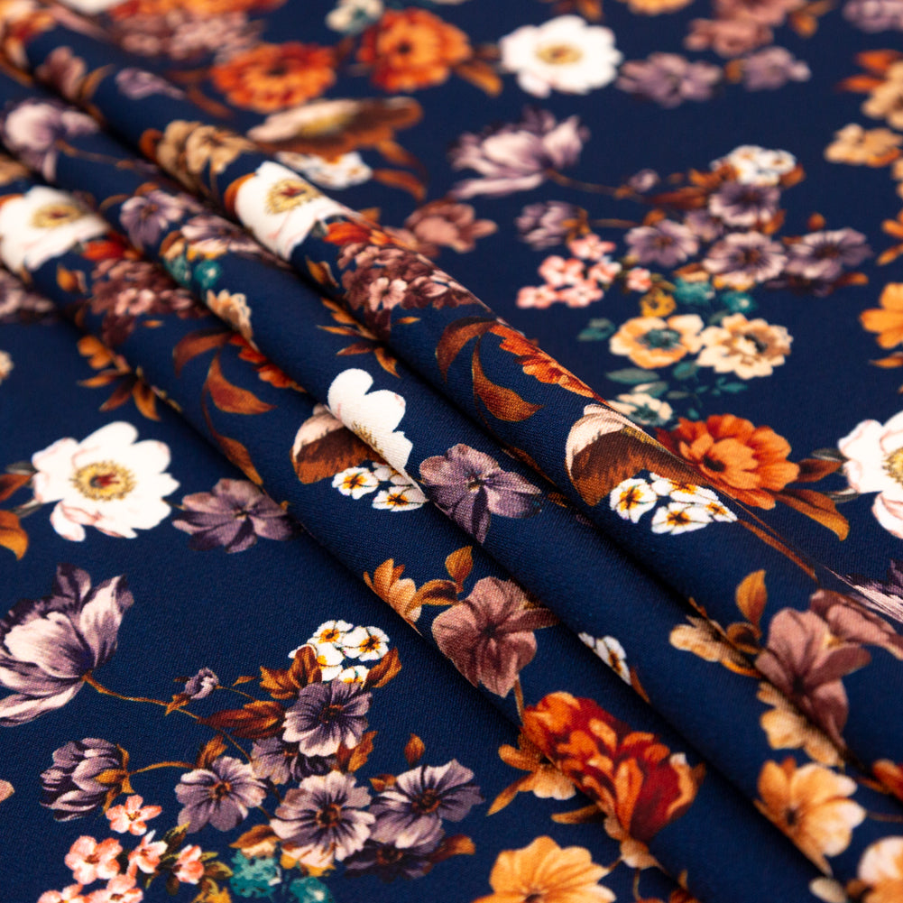 Stretch Polyester Crepe - Navy and Orange Floral - Floral Dreams Print - Mood Exclusive St. Tropez Collection - Folded