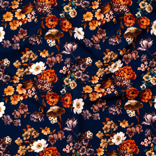 Stretch Polyester Crepe - Navy and Orange Floral - Floral Dreams Print - Mood Exclusive St. Tropez Collection