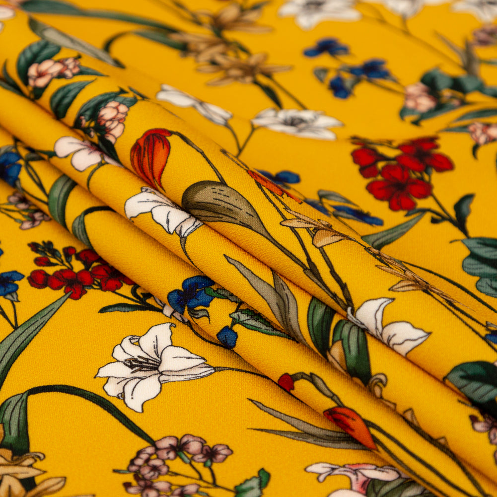 Stretch Polyester Crepe - Yellow Floral - Mediterranean Dreams Print - Mood Exclusive St. Tropez Collection - Folded