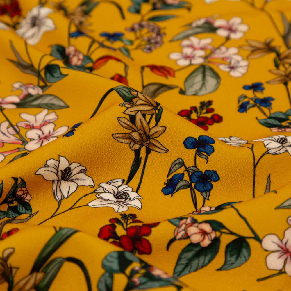 Stretch Polyester Crepe - Yellow Floral - Mediterranean Dreams Print - Mood Exclusive St. Tropez Collection - Detail