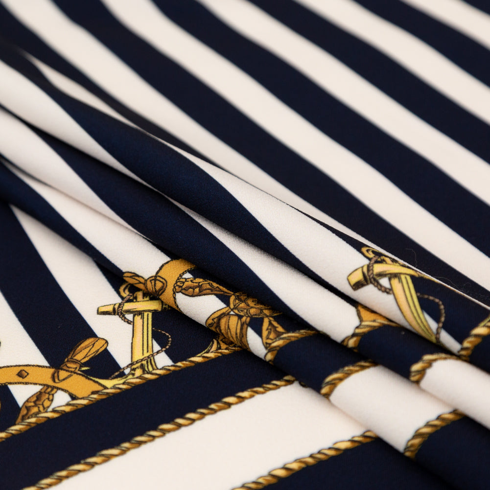 Stretch Polyester Crepe Panel - Ship Wheels and Stripes - Maritime Adornments Print - Mood Exclusive St. Tropez Collection - Folded