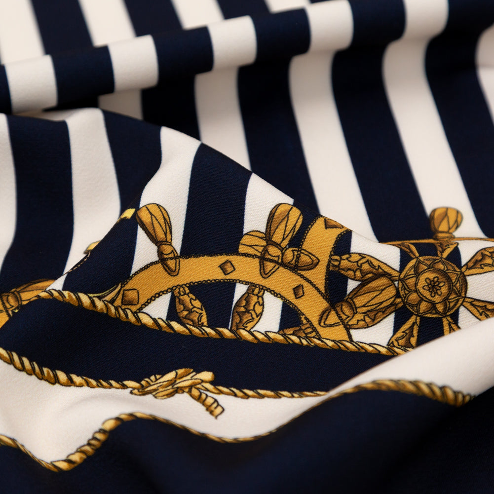 Stretch Polyester Crepe Panel - Ship Wheels and Stripes - Maritime Adornments Print - Mood Exclusive St. Tropez Collection - Detail