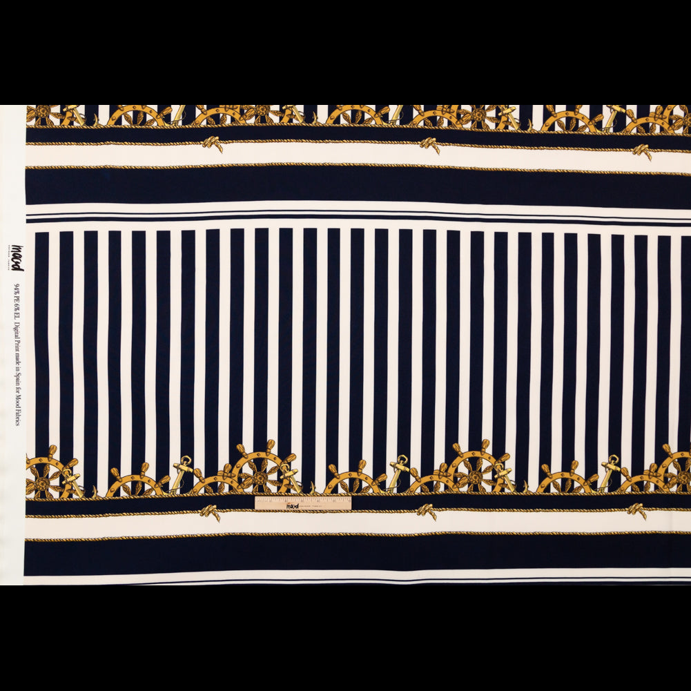 Stretch Polyester Crepe Panel - Ship Wheels and Stripes - Maritime Adornments Print - Mood Exclusive St. Tropez Collection - Full