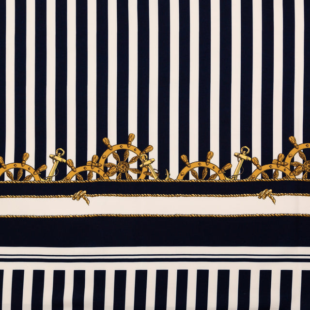 Stretch Polyester Crepe Panel - Ship Wheels and Stripes - Maritime Adornments Print - Mood Exclusive St. Tropez Collection