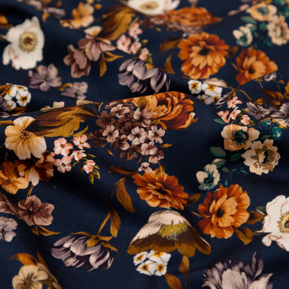 Stretch Cotton Sateen - Navy and Orange Floral - Floral Dreams Print - Mood Exclusive St. Tropez Collection