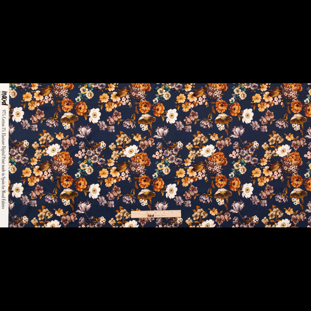 Stretch Cotton Sateen - Navy and Orange Floral - Floral Dreams Print - Mood Exclusive St. Tropez Collection - Full