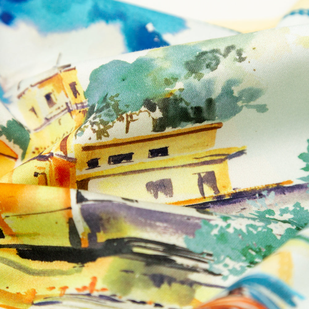 Stretch Cotton Sateen - Blue and Yellow Waterscapes - Palace Regattas Print - Mood Exclusive St. Tropez Collection - Detail