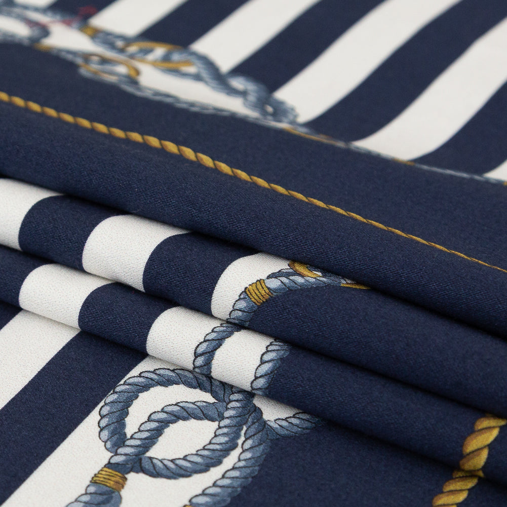 Stretch Cotton Sateen Panel - Navy and Gold Stripes and Ropes - Lighthouse Adventures Print - Mood Exclusive St. Tropez Collection - Folded