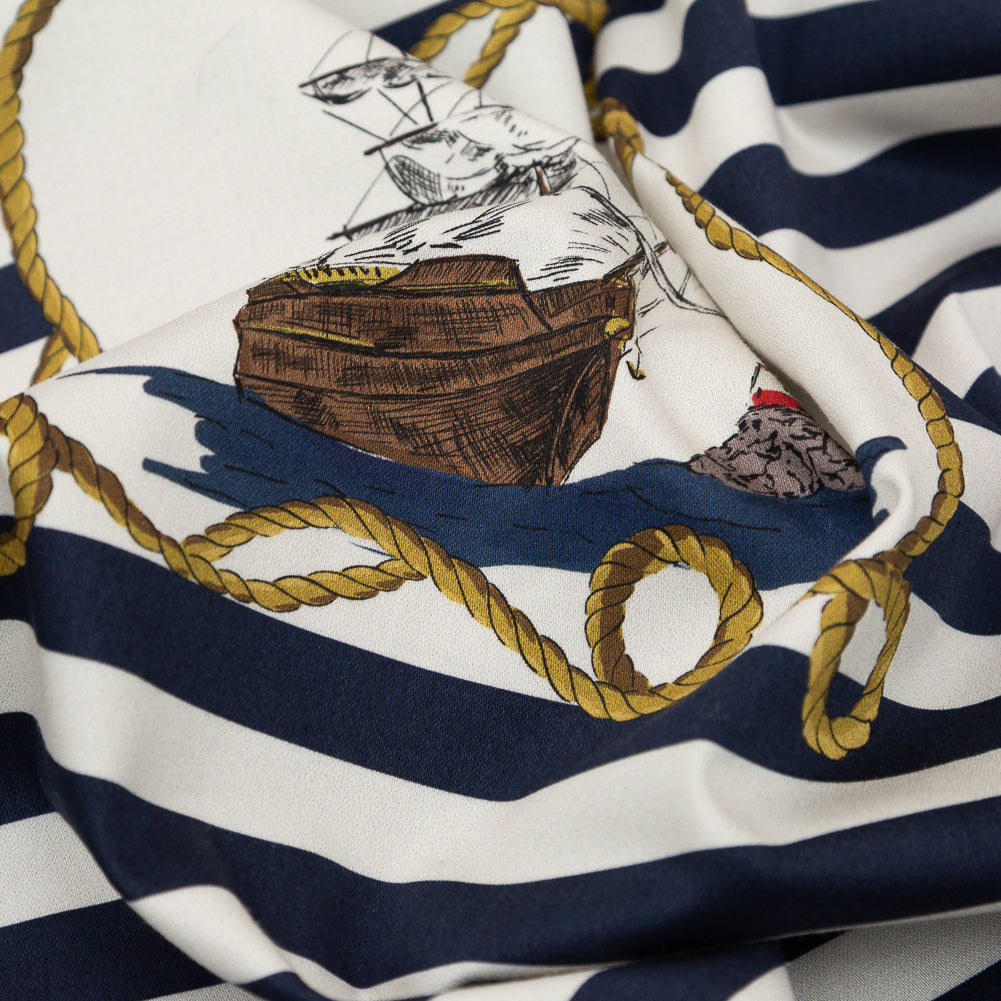 Stretch Cotton Sateen Panel - Navy and Gold Stripes and Ropes - Lighthouse Adventures Print - Mood Exclusive St. Tropez Collection - Detail