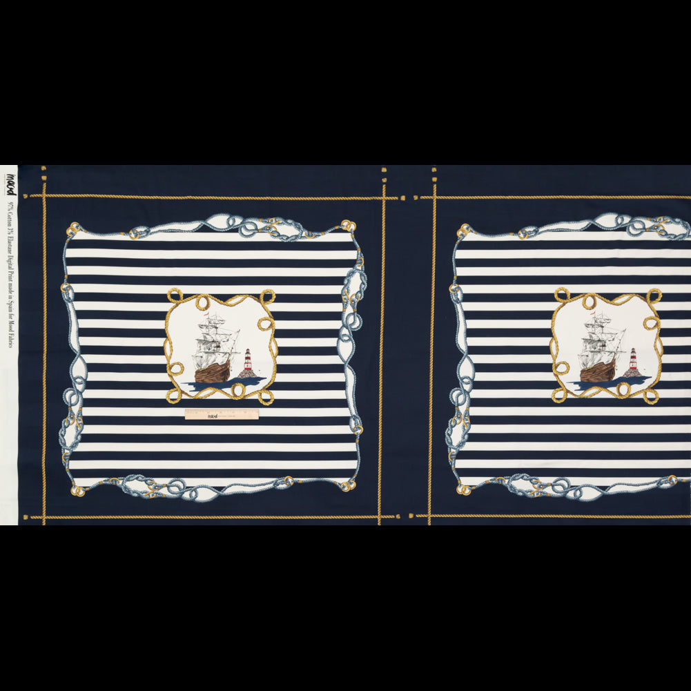 Stretch Cotton Sateen Panel - Navy and Gold Stripes and Ropes - Lighthouse Adventures Print - Mood Exclusive St. Tropez Collection - Full