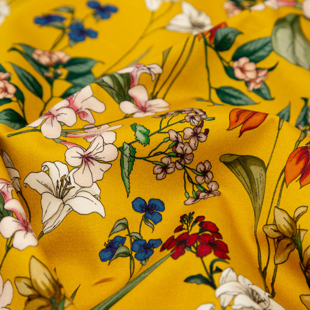 Stretch Cotton Sateen - Yellow Floral - Mediterranean Dreams Print - Mood Exclusive St. Tropez Collection - Detail