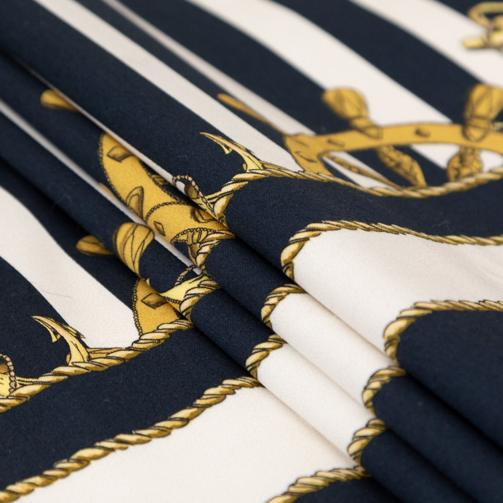 Stretch Cotton Sateen Panel - Ship Wheels and Stripes - Maritime Adornments Print - Mood Exclusive St. Tropez Collection - Folded