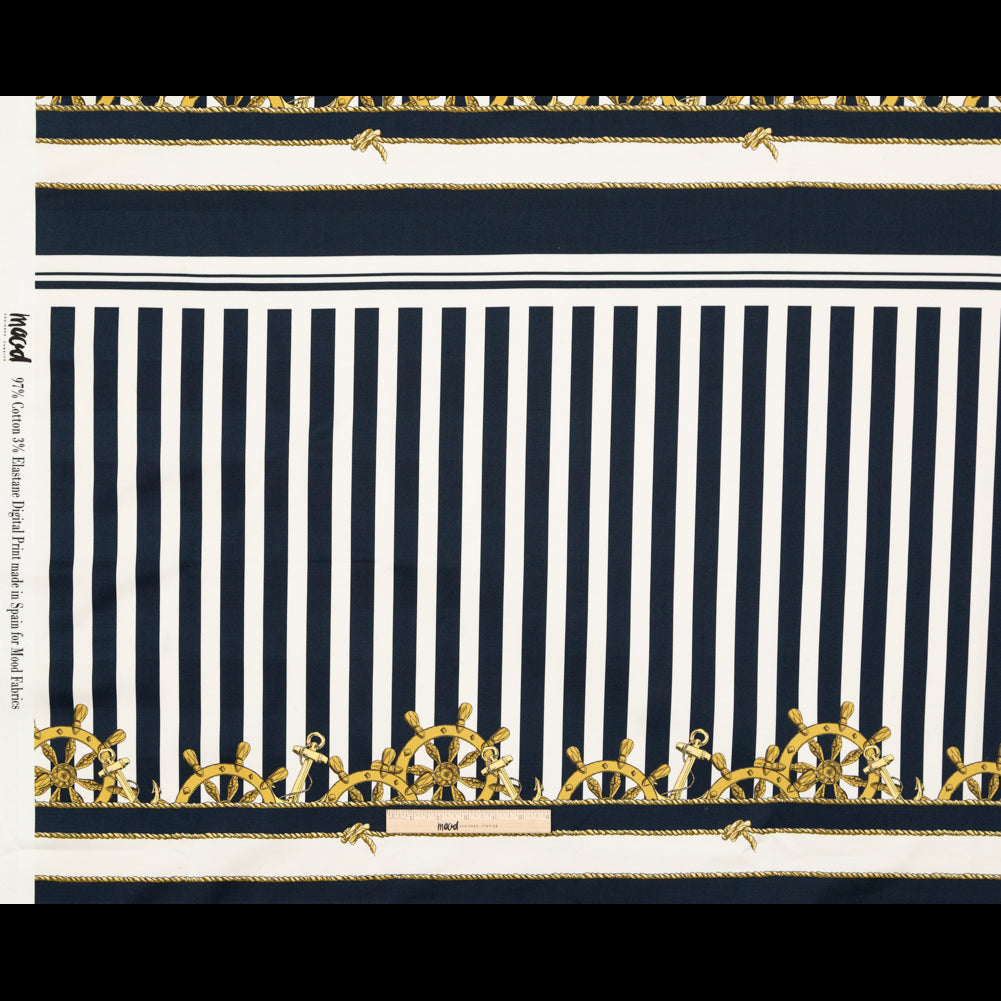 Stretch Cotton Sateen Panel - Ship Wheels and Stripes - Maritime Adornments Print - Mood Exclusive St. Tropez Collection - Full