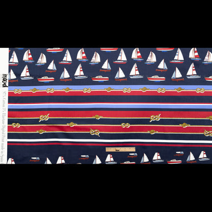 Stretch Cotton Sateen Panel - Red, White and Blue Sailboats and Stripes - Shipyard Surveys Print - Mood Exclusive St. Tropez Collection