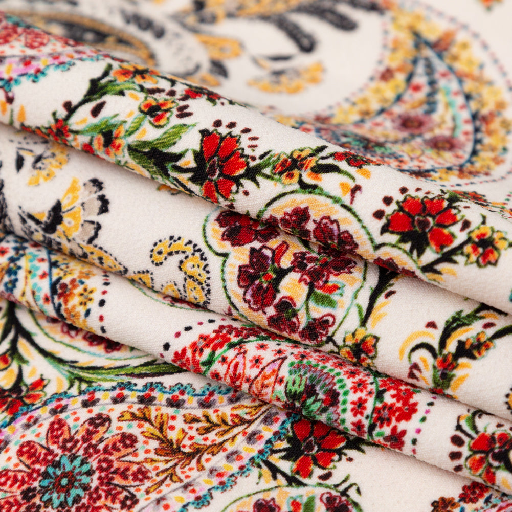 Stretch Polyester Crepe - White Paisleys - Thought Impressions Print - Mood Exclusive Kenko Collection - Folded
