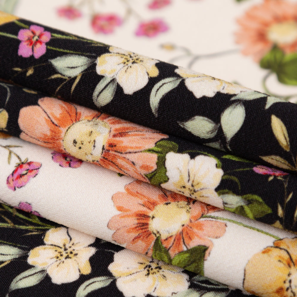 Stretch Polyester Crepe - Black and White Floral Stripes - Better in the Night Print - Mood Exclusive Kenko Collection - Folded