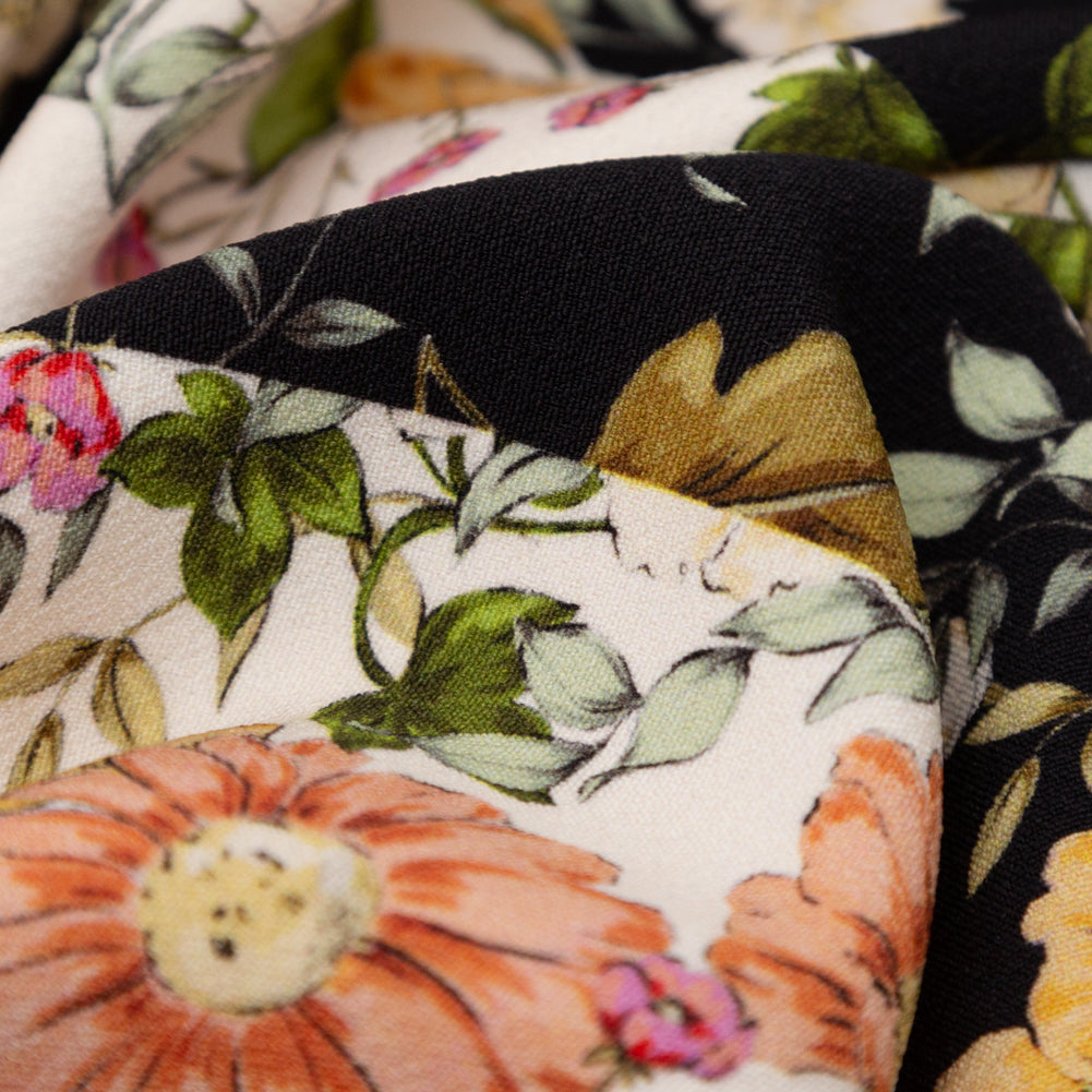Stretch Polyester Crepe - Black and White Floral Stripes - Better in the Night Print - Mood Exclusive Kenko Collection - Detail