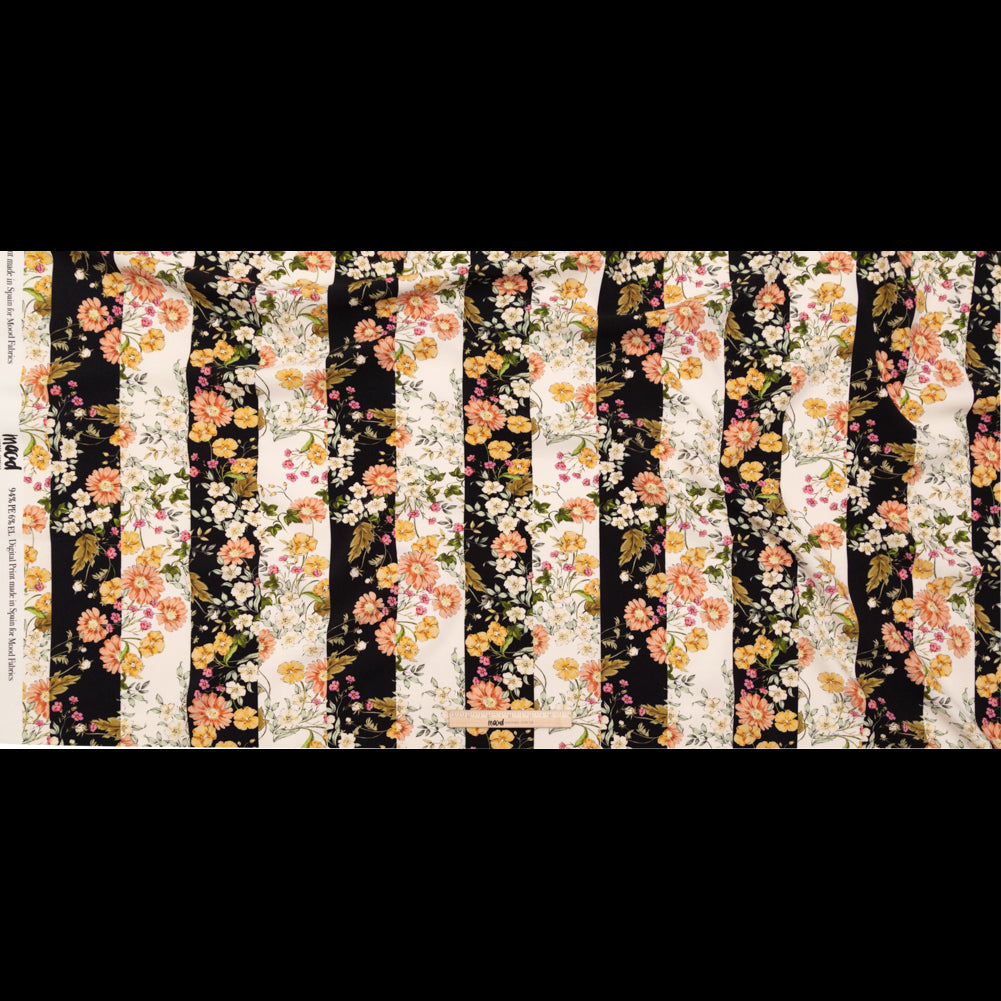 Stretch Polyester Crepe - Black and White Floral Stripes - Better in the Night Print - Mood Exclusive Kenko Collection - Full